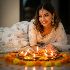 Indian girl wearing white lehenga during Diwali