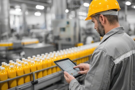 Worker in production facility uses tablet to monitor bottling process of orange juice during daytime operations - Powered by Adobe
