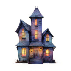 Obraz premium Watercolor haunted house with glowing windows and eerie atmosphere.