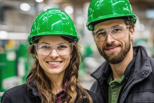 Workers smile while wearing green hard hats and safety glasses in a manufacturing facility during the daytime, showcasing teamwork and safety protocols in their work environment