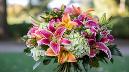 Obraz premium Vibrant bouquet of pink, orange, and white lilies with lush green foliage creates stunning natural beauty.