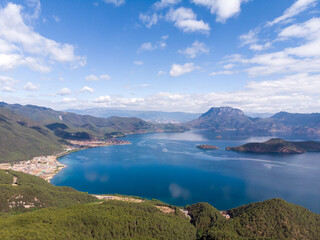 Obraz premium Aerial photo of Lugu Lake in Yunnan Province, China
