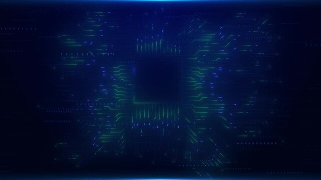 Digital circuit board glows blue showcasing central plexus chip connection. tech innovation visuals, AI, futuristic computing, cybersecurity themes, machine learning, processor data flow animation