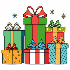 Christmas and Holiday Gift Box Vector Set with Bows, Ornaments & Wrapping Paper – Flat Colorful Style on White Background

