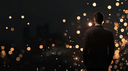 Obraz premium Man in suit facing away from camera lights bokeh background