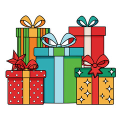 Christmas and Holiday Gift Box Vector Set with Bows, Ornaments & Wrapping Paper – Flat Colorful Style on White Background

