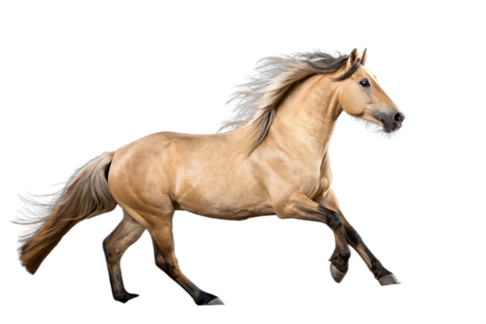 Light brown horse stallion running, side profile isolated on transparent background