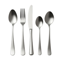Elegant arrangement of silverware spoons fork and knife displayed on a transparent background
