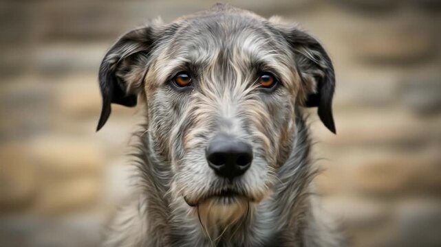 Close-Up Portrait of a Dignified Irish Wolfhound Against a Stone Wall Backdrop