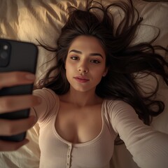 Beautiful Woman Taking Selfie on Bed – Natural Light Portrait