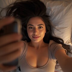 Beautiful Woman Taking Selfie on Bed – Natural Light Portrait
