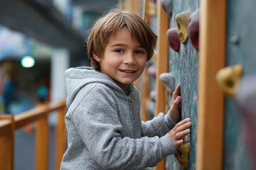 Smiling young boy climbs indoor rock wall as he enjoys a fun physical activity with friends on a sunny day in a recreational center
