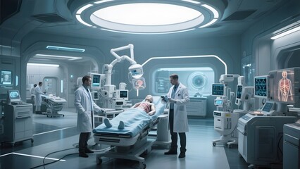 Doctors attending to a patient in a futuristic medical facility