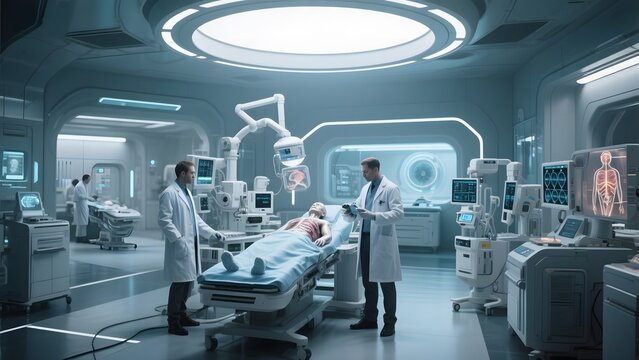 Doctors attending to a patient in a futuristic medical facility