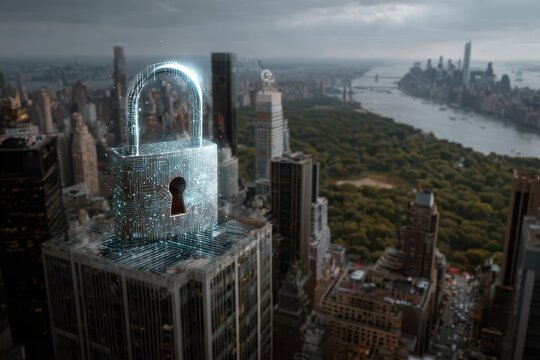 Cybersecurity hologram depicted in New York City's skyline with modern buildings and green parklands below, illustrating a high-tech urban environment - Powered by Adobe