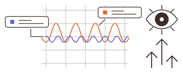 Graph with red and blue wave lines, data tags, eye icon, and arrows signifying analytics, observation, insight. Ideal for data analysis, trends, research communication focus vision simple flat