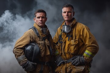 Obraz premium Professional firefighters pose confidently in full gear amid smoky backdrop showcasing dedication and readiness for emergency response in urban environment