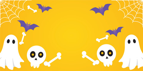 Cute flat Halloween illustration with ghosts, skulls, bones, purple bats, and spider webs on an orange background. Perfect for Halloween party invitation