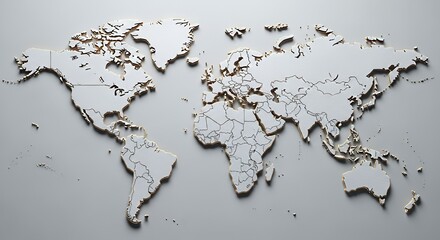 3D World Map with Gold Borders on White Background