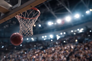 Winning points scored during an intense basketball game in a packed arena with fans cheering in excitement