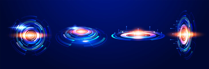 Set of futuristic glowing HUD rings on a dark blue background. Modern, futuristic abstract technology vector elements for websites, banners, covers, or digital presentations. Illustration.