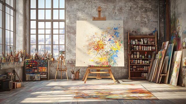 Sunlit artist studio with abstract painting on easel