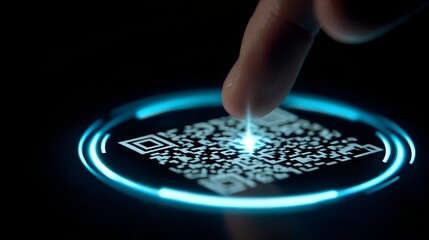 A close-up of a finger poised to scan a glowing QR code, symbolizing technology and digital interaction.