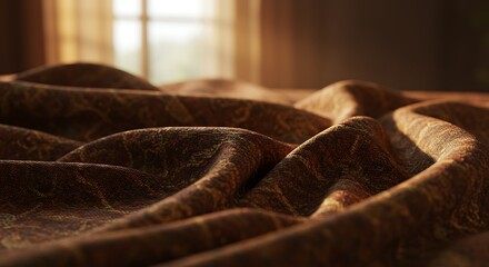 Elegant brown textile with an intricate pattern, rumpled into soft folds and illuminated by warm sunlight from a window.