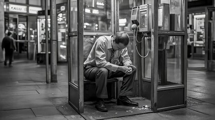 A dejected man in vintage clothing sits in an old phone booth, staring at spilled coins after failing to make a call - Powered by Adobe