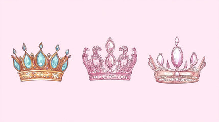 Three jeweled crowns gold pink and blue royalty splendor