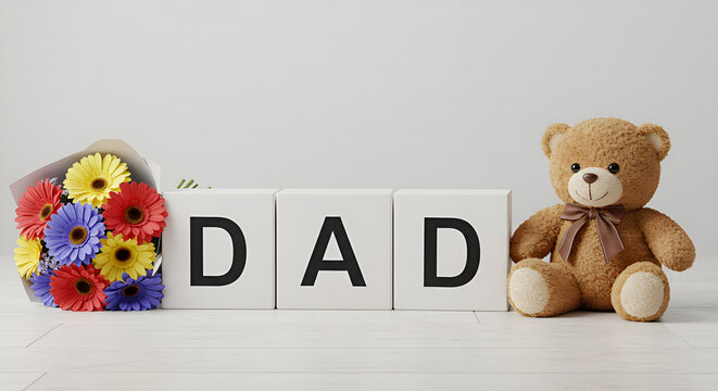 A cute teddy bear with a bowtie sits beside a bouquet of sunflowers and blocks spelling "DAAD," symbolizing love for a grandfather or father.