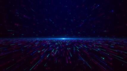 Colorful neon light particles stream across deep horizon space creating high-speed futuristic visual. footage suits sci-fi intros, metaverse visuals, digital backgrounds, abstract motion design. - Powered by Adobe