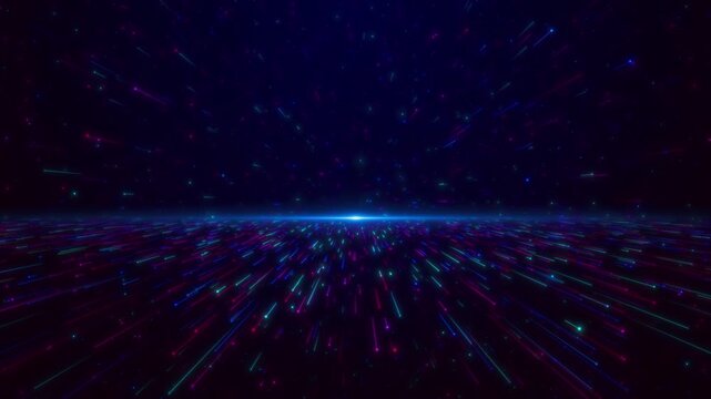 Colorful neon light particles stream across deep horizon space creating high-speed futuristic visual. footage suits sci-fi intros, metaverse visuals, digital backgrounds, abstract motion design. - Powered by Adobe