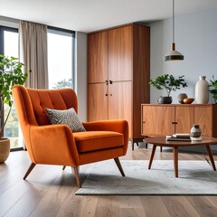 Bright orange armchair in mid-century modern living room