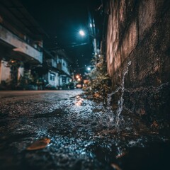 Night alleyway, water dripping from wall