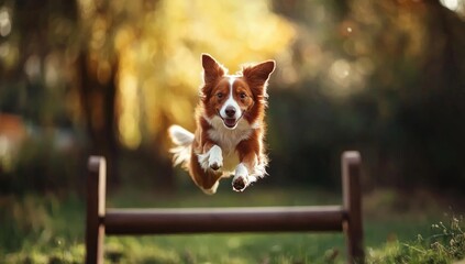 cute red and white border collie jumping over an agility jump in the park, professional photography with high quality and depth of field,