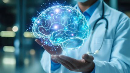 A doctor carefully examines a virtual human brain x-ray projection. The integration of advanced technology in medical diagnostics. Generative AI.