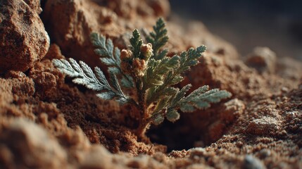 Small plant on rocky ground for botanical research, nature documentaries, or desert environments. Delicate flora adaptation ideal for educational materials, ecosystem studies, and arid-themed designs.