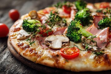 Savoring a delicious healthy pizza topped with ham, broccoli, and cherry tomatoes on a rustic wooden table in a cozy kitchen setting