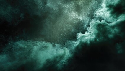 Fototapeta premium A dark green background with swirling smoke, creating an eerie and mysterious atmosphere. The misty clouds add depth to the scene,
