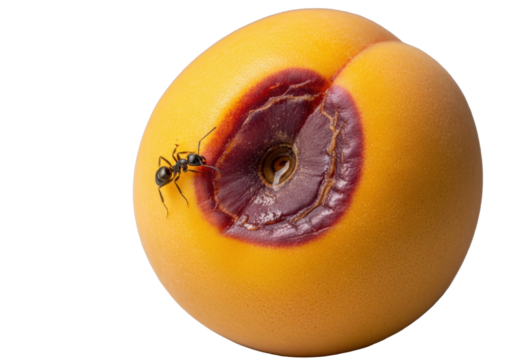 Vibrant yellow-orange peach with deep purple-brown bruise, small black ant exploring soft moist surface, isolated on clean transparent background, quiet observational macro study