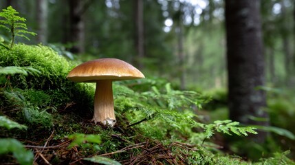 A Vibrant Mushroom Emerging from the Forest Floor Surrounded by Lush Greenery and Soft Sunlight Creating a Peaceful and Enchanting Woodland Scene
