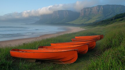 Sunrise beach scene with orange boats