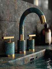 Teal and gold faucet over dark stone sink