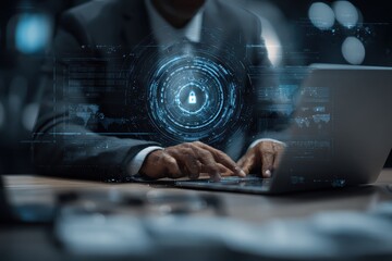 Businessman using laptop with cybersecurity overlay in a modern office environment focusing on data security in the digital age