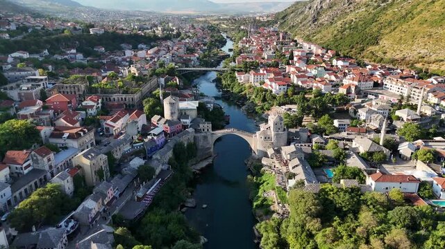 Aerial drone view of Mostar town city bosnia and herzegovina balkan country balkans old bridge Neretva River Stari Most summer july