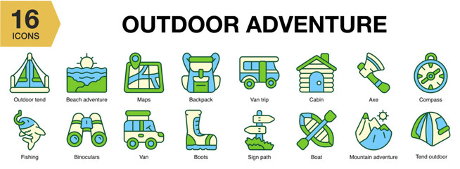 Outdoor Adventure flat icon set. Includes travel, adventure, nature, mountain, lifestyle, and More. Flat icons vector collection.
