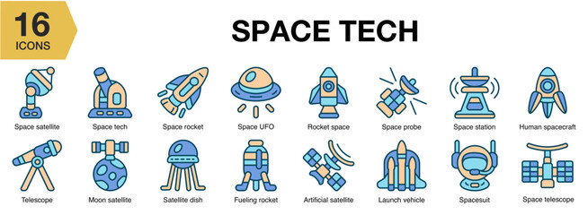 Space Tech flat icon set. Includes digital, tech, space, data, network, and More. Flat icons vector collection.