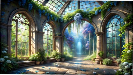 Obraz premium Enchanted Conservatory: Sunlit Ruin, Lush Greenery, Serene Waterfall Path, Fantasy Garden.
