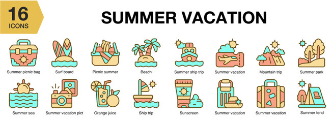Summer Vacation flat icon set. Includes vacation, summer, beach, travel, holiday, and More. Flat icons vector collection.